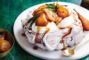 Chocolate pavlova with spiced pears